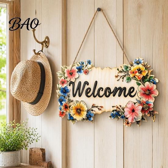 Durable Wooden Sign Floral Welcome Sign, Front Door Ornaments, Flower Hanging Long-lasting Outdoor for Summer Farmhouse Home Coffee Shop Window