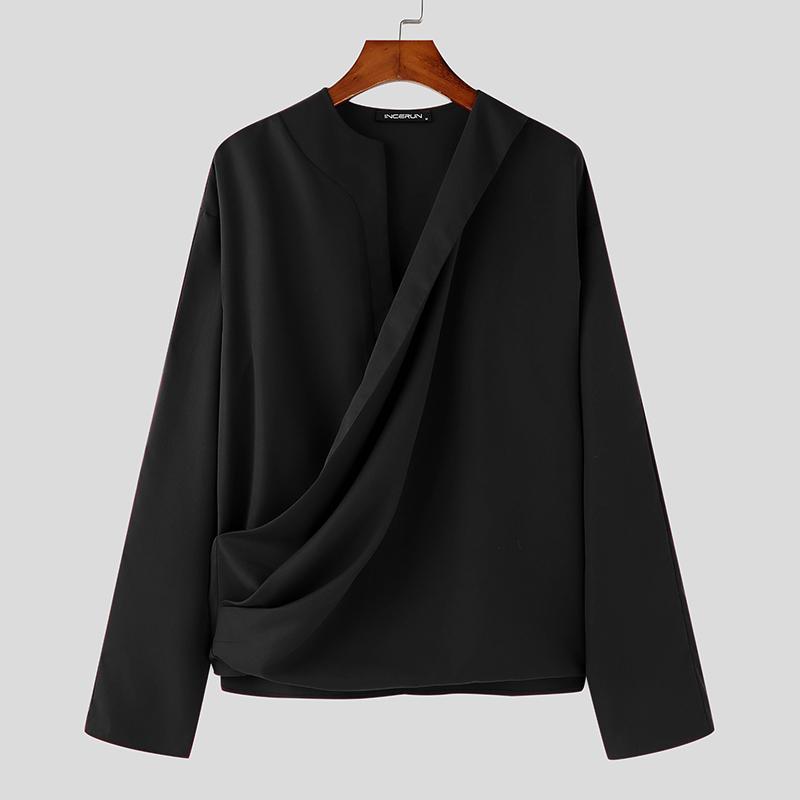 INCERUN Мужские рубашки с длинным рукавом и оборками, топы с открытым передом, повседневные топы