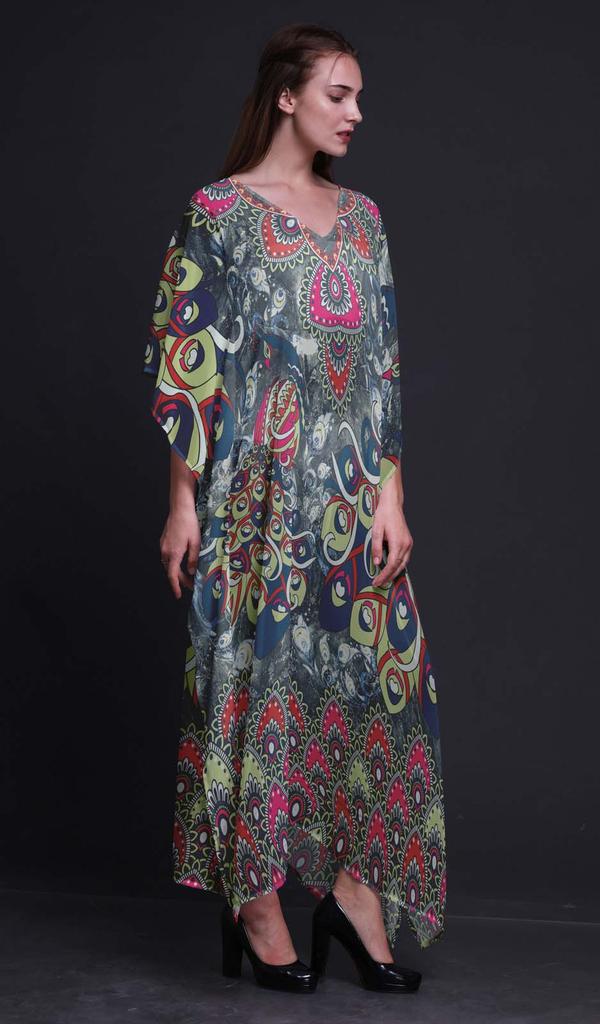 Phagun Peacock Bird Long Caftan Maxi Dress Beach Swimwear Cover Up Womens