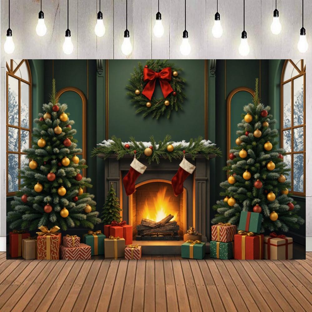 Christmas Photography Backdrop Santa Claus Window Snow Forest Xmas Tree Red Curtain Girl Portrait Photoshoot Backdrops Props9