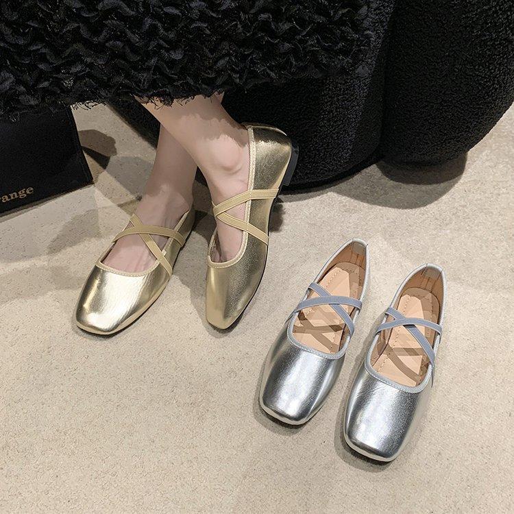 Retro Low-heeled Silver Mary Jane Shoes Autumn 2024 New Square Head Cross Outer Wear Ballet Shoes Women
