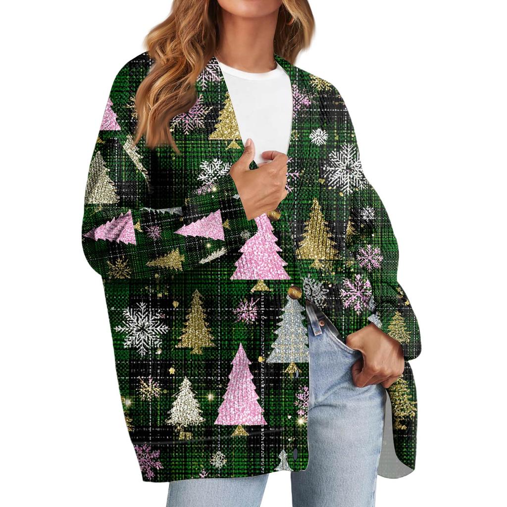 Женский модный кардиган с длинным рукавом, V-образным вырезом, на пуговицах, свободного кроя, с рождественским принтом