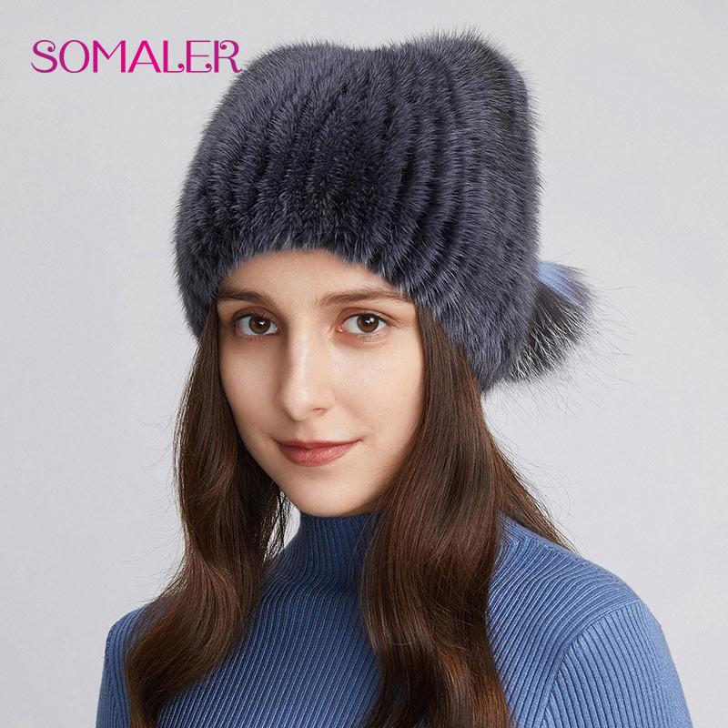 SOMALER Женские шапки из натурального норкового меха, вязаные меховые шапки-бини с тесьмой, зимние шапки из лисьего меха с помпоном и черепом