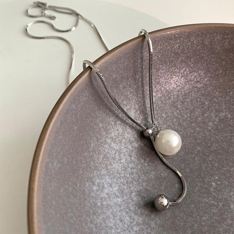 Minimalist Women's Pearl Necklace, S925 Sterling Silver, Adjustable Long Sweater Chain