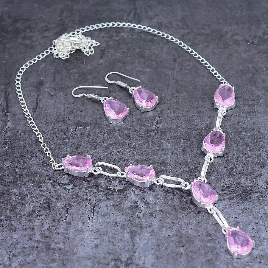 Комплект ювелирных изделий из серебра 925 пробы с натуральным розовым кунцитом ручной работы C9B97