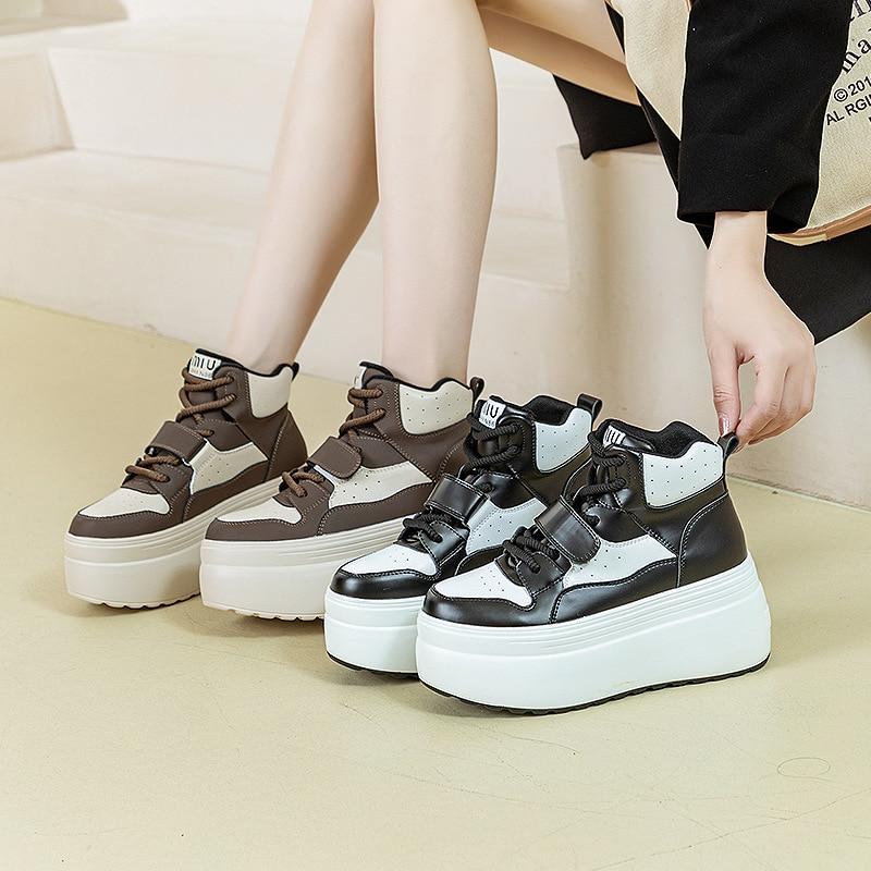 Fujin 8 см из синтетической натуральной кожи, женские кроссовки на платформе до щиколотки, женская обувь, весенне-осенние теплые зимние армейские ботинки на меху, ботильоны