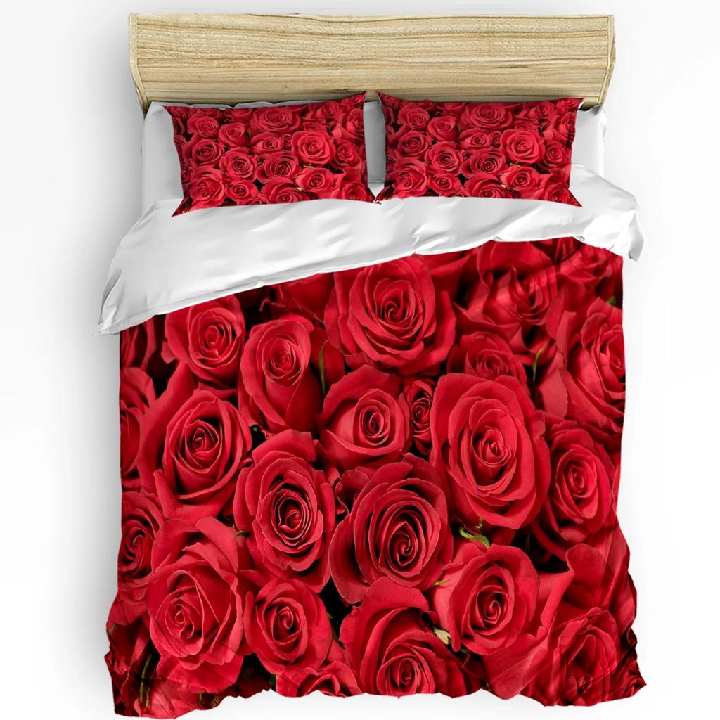 Red Rose Flower Plant White Duvet Cover Bed Bedding Set Home Textile Quilt Cover Pillowcases Bedroom Double Bedding Set No Sheet