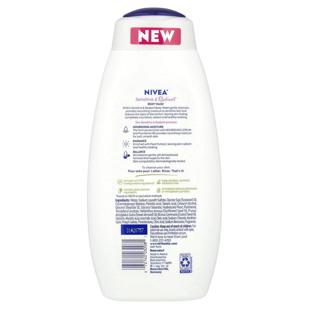 Nivea Sensitive & Radiant Body Wash, with Nourishing Serum, 20 Fl Oz (591 Ml)