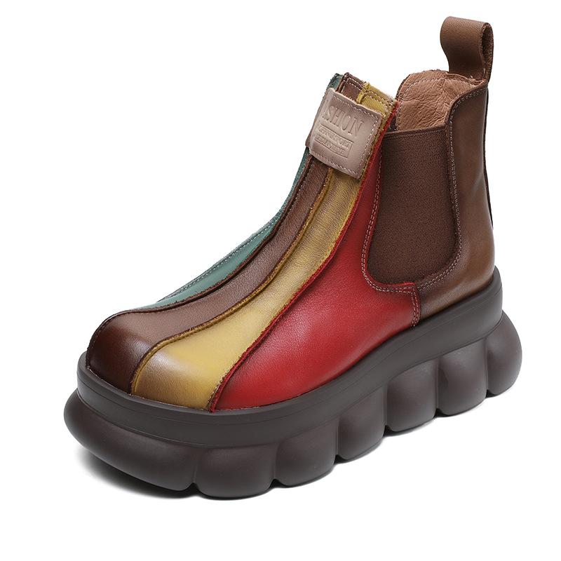 Johnature Rainbow Genuine Leather Short Boots Chelsea Wedge Heel Thick Soled Waterproof Women's Boots