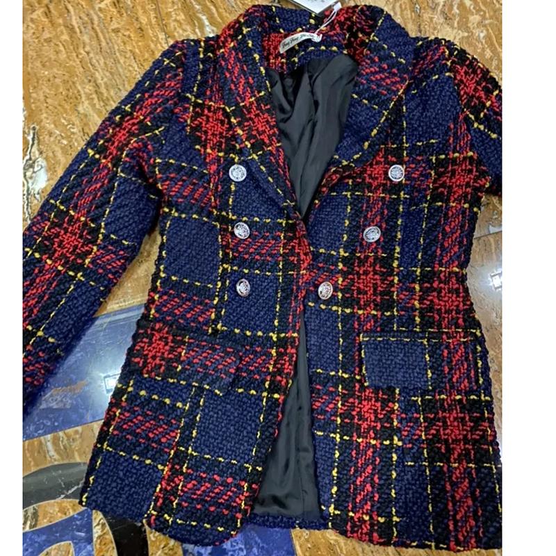 Высококачественный твидовый пиджак с небольшим ароматом, женский винтажный клетчатый короткий пиджак, модный тонкий двубортный пиджак с v-образным вырезом, женский