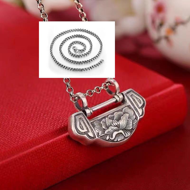 S990 Sterling Silver Cloisonné Lotus Ruyi Lock Flower Pendant Necklace - Ethnic Style Exquisite Design