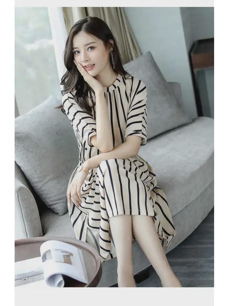 2021 Корейское полосатое платье миди больших размеров для женщин - мода весна/лето