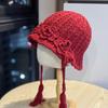 Retro Flower Hand Woven Braided Woolen Hat for Women In Autumn and Winter Warm and Versatile Tassel Knitted Hat
