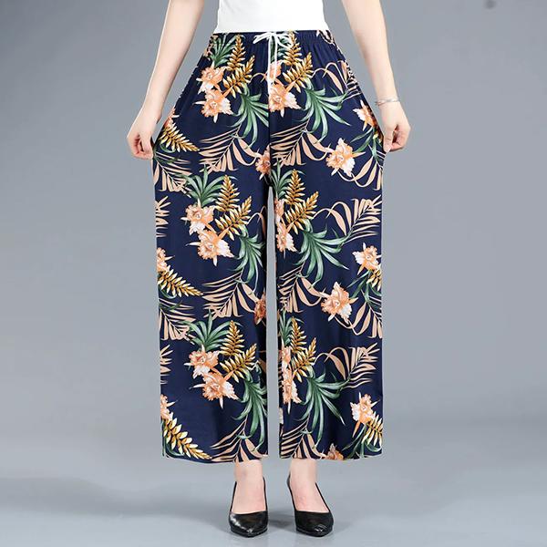 WTEMPO Women Spring Autumn Casual Versatile Loose Straight Leg Pants Large Size Elastic High Waist Printed Wide Leg Pants