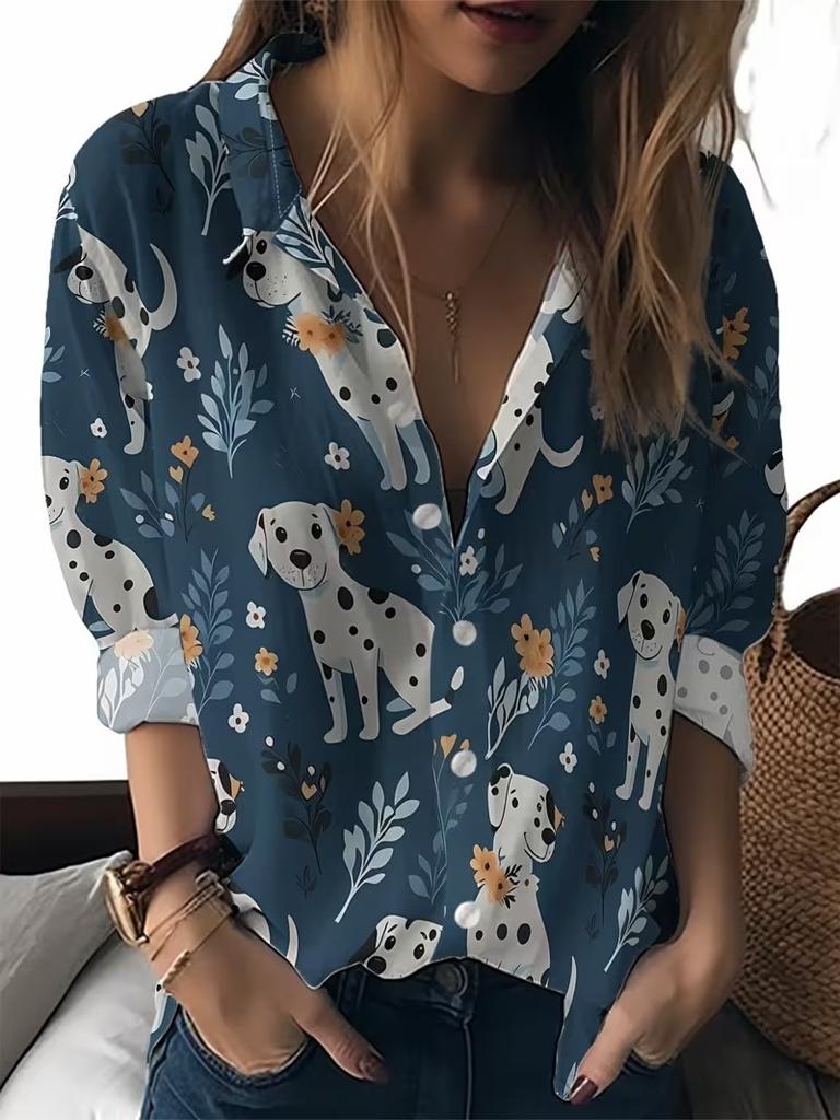Women New Animal Print Shirt Cute Cat Dog Print Blouses Casual Long Sleeve Button Tops Spring
