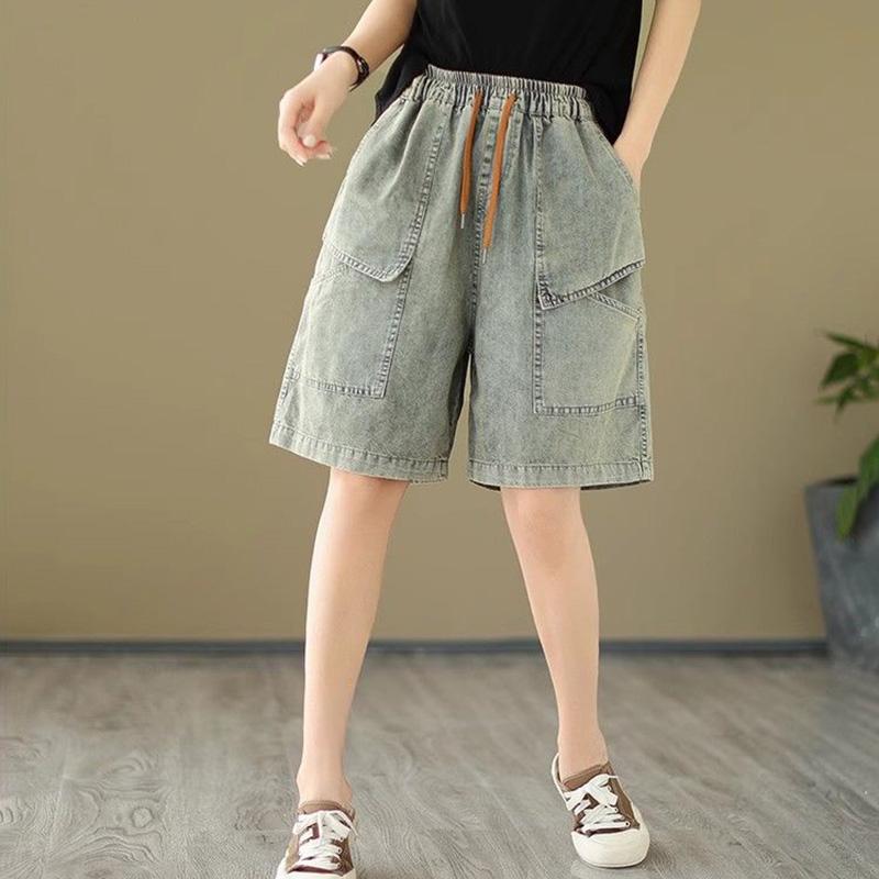 Хлопковые шорты, женские летние брюки большого размера, винтажные свободные эластичные джинсовые брюки с высокой талией, широкие брюки-юбки