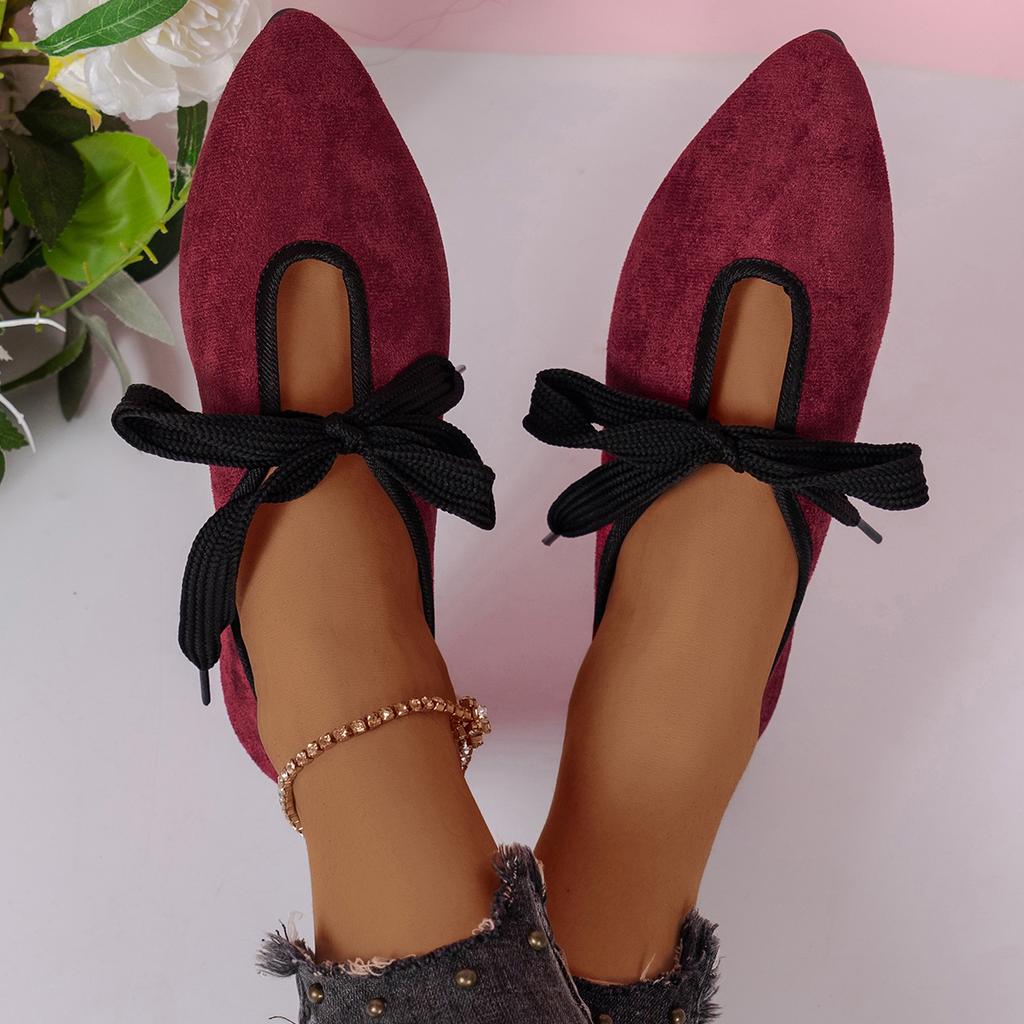 2024 Autumn Pointed Toe Ballet Women's Flats Casual Soft Bottom Flat Shoes Female Shallow Solid Lace-up Shoes Zapatos De Mujer