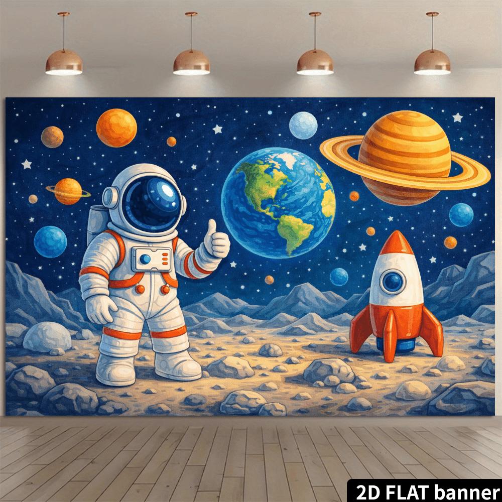2D plane featuring astronaut in space background. Cartoon astronaut giving a thumbs-up on the lunar surface.