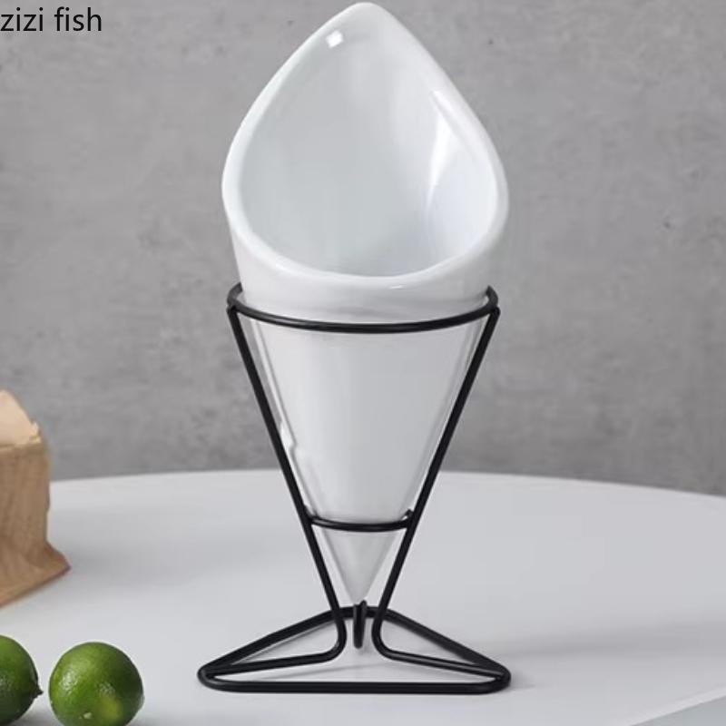 Ceramic French Fry Rack Set Iron Hanging Rack Snack Bowl Display Rack Cone-shaped Cake Dessert Plate Sauce Dish Tasting Plate