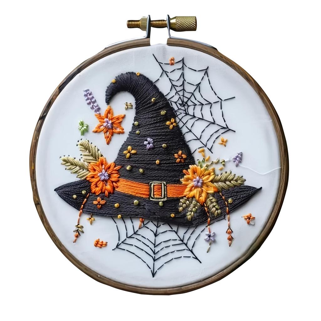 Floral Witch Hat Embroidery Kit Halloween Cross Material Set With Flower Pumpkin Patterns, DIY Hand Needlepoint Embroidery Craft Kit For Beginn
