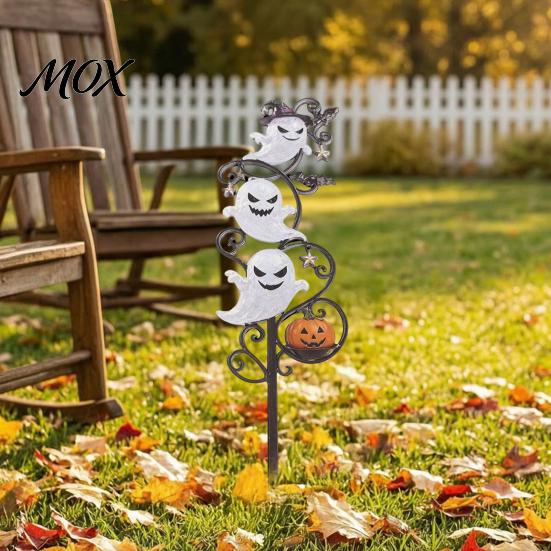 Durable Iron Garden Stakes Halloween Ghost Ground Stake with String Light, Lighted Metal Yard Art Sculpture for Photography Props Lawn Path