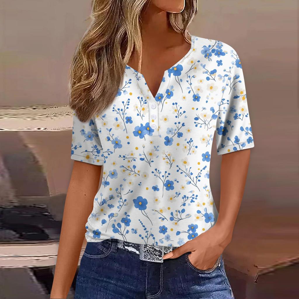Women's T Shirt Print Button Short Sleeve Daily Weekend Fashion Basic V- Neck Regular Top