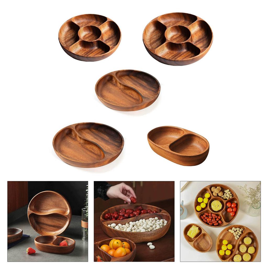 Round Divided Servings Tray Wood Nut Holder Serving Dishes Dried Fruit Tray Appetizers Tray Dish Platters Easy To Clean