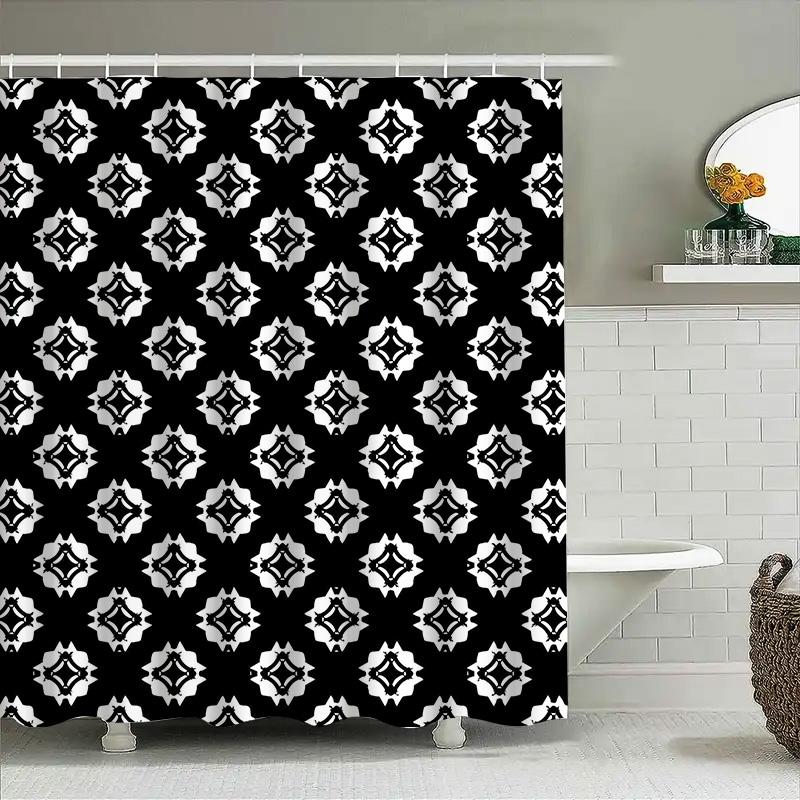 White Black Geometric Shower Curtain with Metal Hook Rings Decorative Bath Liner for Home Use