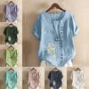 Женская мода Лилия Принди круглый вырез короткий рукав футболка повседневная хлопок лен графическая рубашка досуг свободная летняя блузка топы