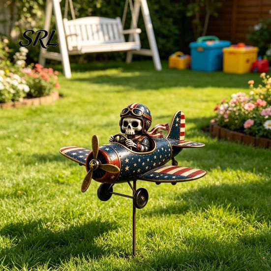 Vintage Style Garden Accessory Metal Skeleton Pilot Airplane Wind Spinner with Ground Stake, American Flag Retro Lawn Ornament Yard Rustic Iron