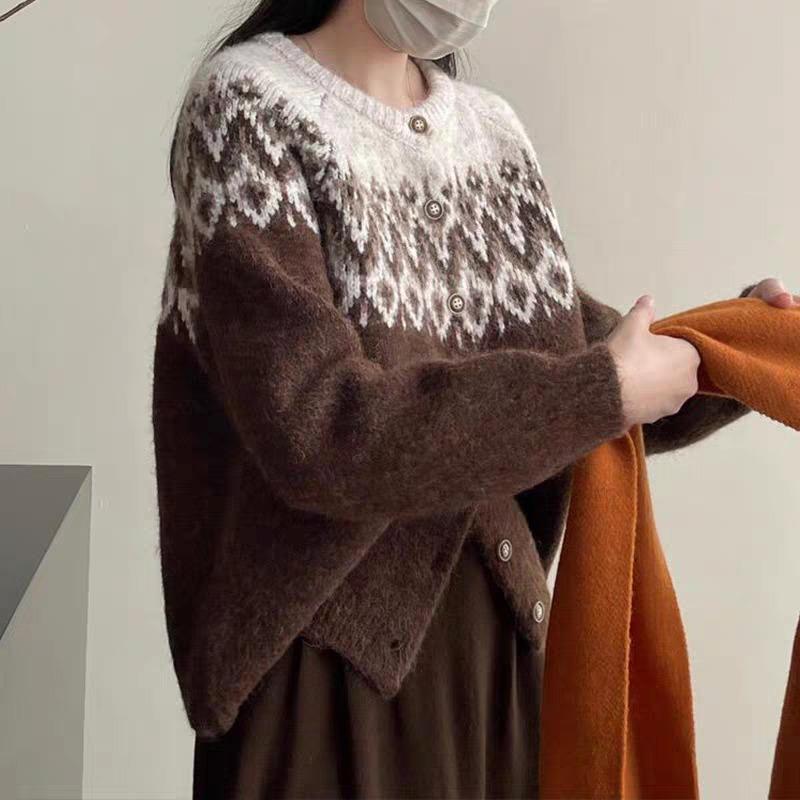 Корейская мода Элегантный вязаный кардиган с длинным рукавом Женский свитер Осень Круглый вырез Пальто Длинный рукав Свободный Простой Офисный жакет Женская одежда