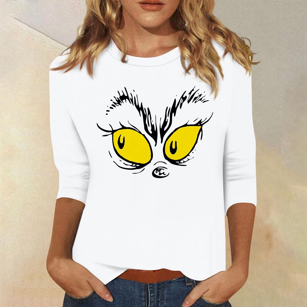 3/4 Sleeve Tops For Women T-Shirt Casual Christmas Print Tops T Shirt Round Neck Pullover Blouse