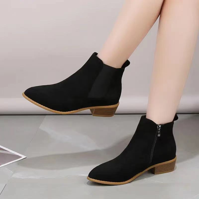 Fashion Women ' S Boots 2024 Autumn Pointed Suede Thick Heel Booties Women Plus Size 43 Zipper Heeled Ankle Boots Botas De Mujer