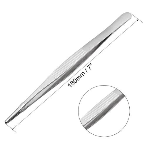 uxcell Stainless Steel Straight Blunt Tweezers with Serrated Tips, 180mm Length, 430 Stainless Steel Construction
