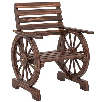 Garden Chair Wood Garden Armchair with Wagon Wheel Design, Wooden Chair In Country Style Charred