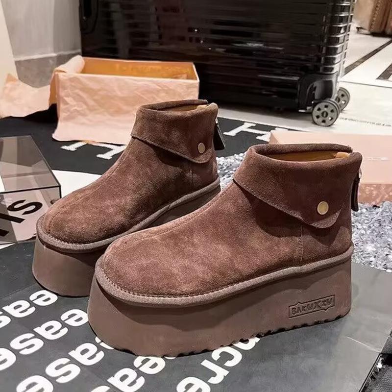 Замшевые женские зимние ботильоны на платформе, дизайнерские короткие плюшевые туфли на среднем каблуке, новый бренд 2025 года, теплые, удобные, зимние ботинки для женщин