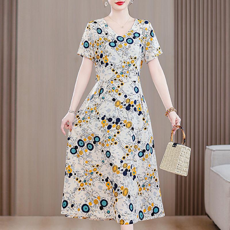 Длинное платье с винтажным принтом для женщин, повседневное летнее платье больших размеров с коротким рукавом и поясом, одежда для женщин среднего возраста