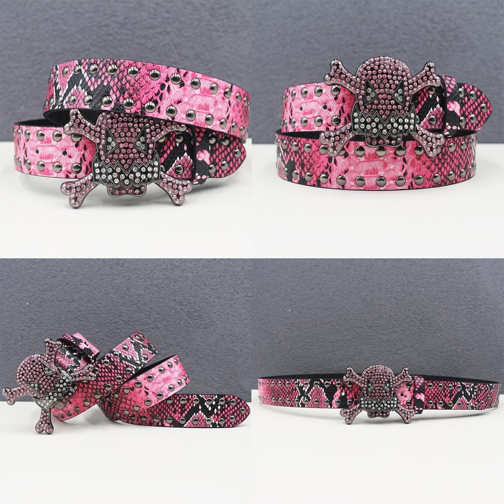 American Rhinestone Skull Belt Rivet Punk Decoration Men and Women Belt Abi Decorative Python Pattern Belt