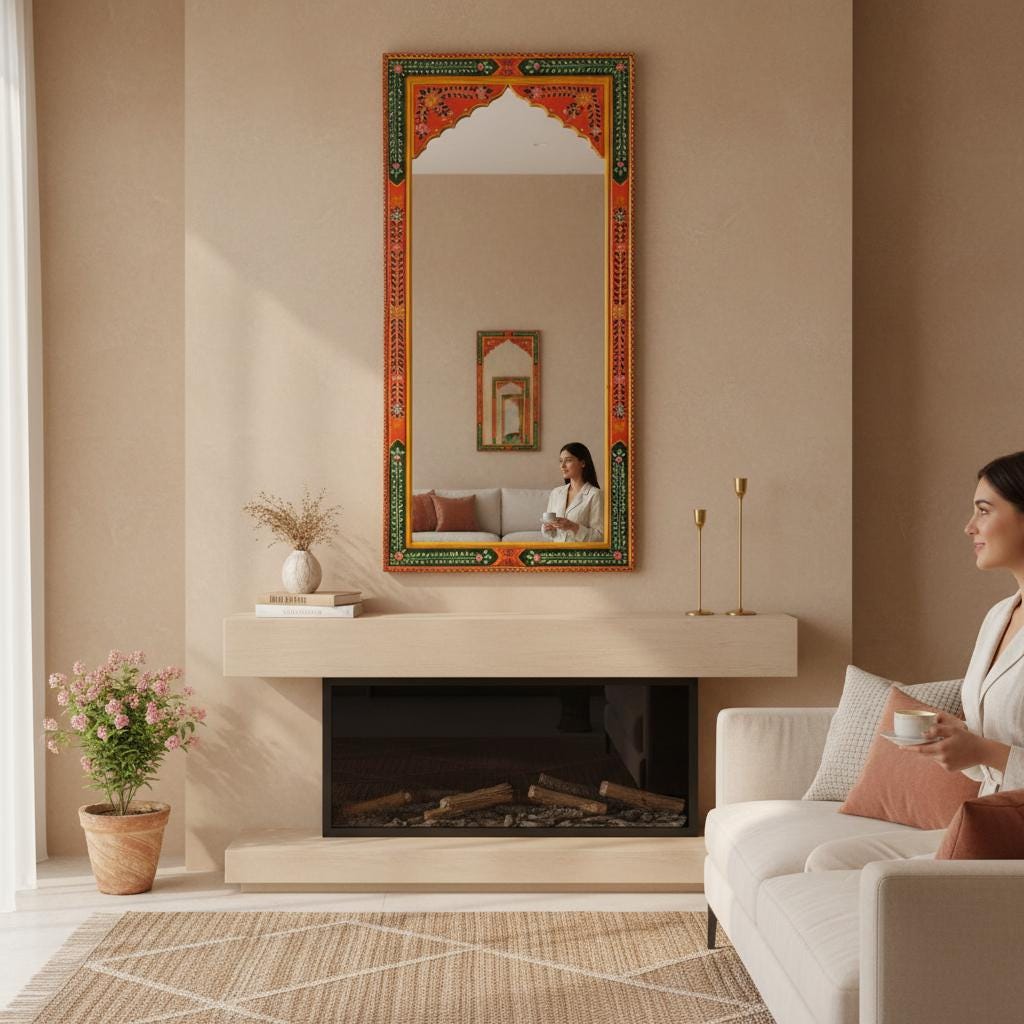 Wooden Painted Wall Decor Fram Mirror-Bedroom Mirror Home Decor Art Furniture | Wall Living Fram Decor Mirror-Indian Painted Beautifull Fram