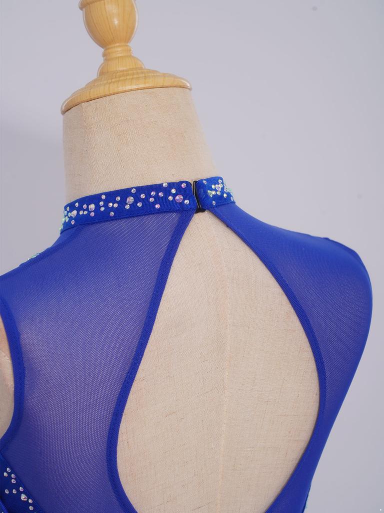 Девочки Сетчатое Пэчворк Без Рукавов Вырез на Спине Складки Асимметричный Подол Блестящий Стразы Платье Для Танцевального Выступления