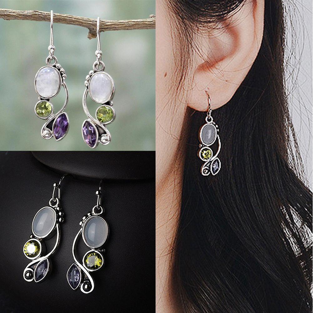 Charm gift Dangle Hook Multi-Gemstone Moonstone Earrings Amethyst Ear Stud Peridot