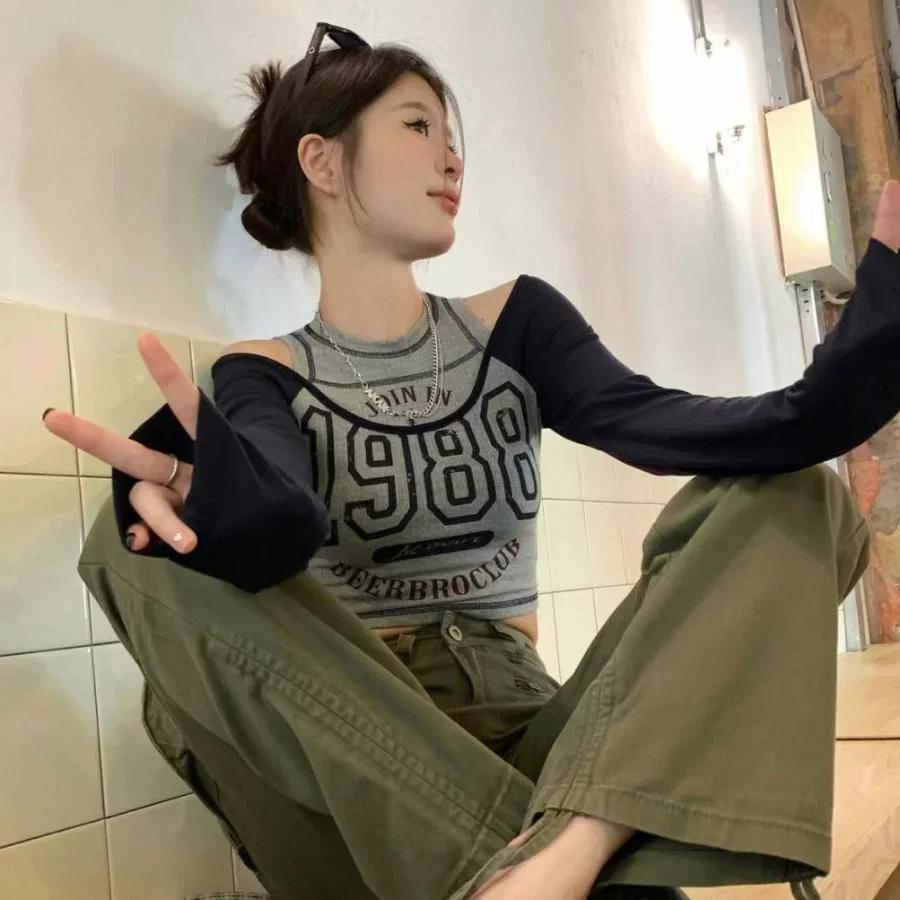 Y2k T-shirt Streetwear Vintage Korean Style Crop Top Women T-shirt Sexy Retro Letter Printed T Shirts Off Shoulder Aesthetic Clothes