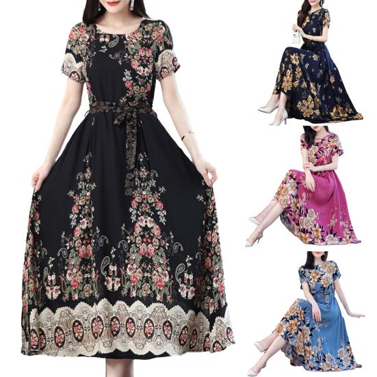 Женское платье-миди с круглым вырезом и короткими рукавами, высокой талией и поясом с цветочным принтом, женское платье трапециевидной формы среднего возраста, уличная одежда