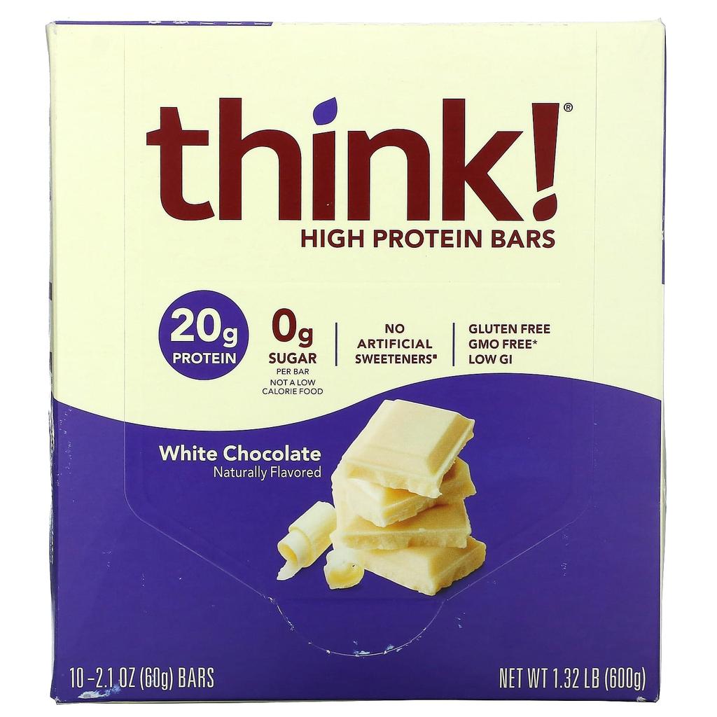 Think!, High Protein Bars, White Chocolate, 10 Bars, 2.1 Oz (60 G) Each