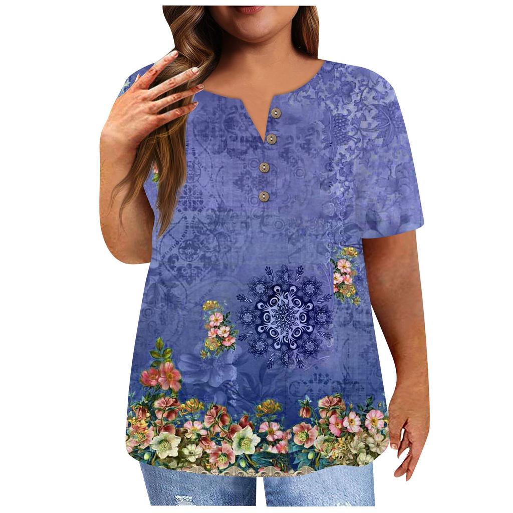 Women's Short Sleeve Shirt Button Plus Size T-Shirt Flower Printed Casual Tops