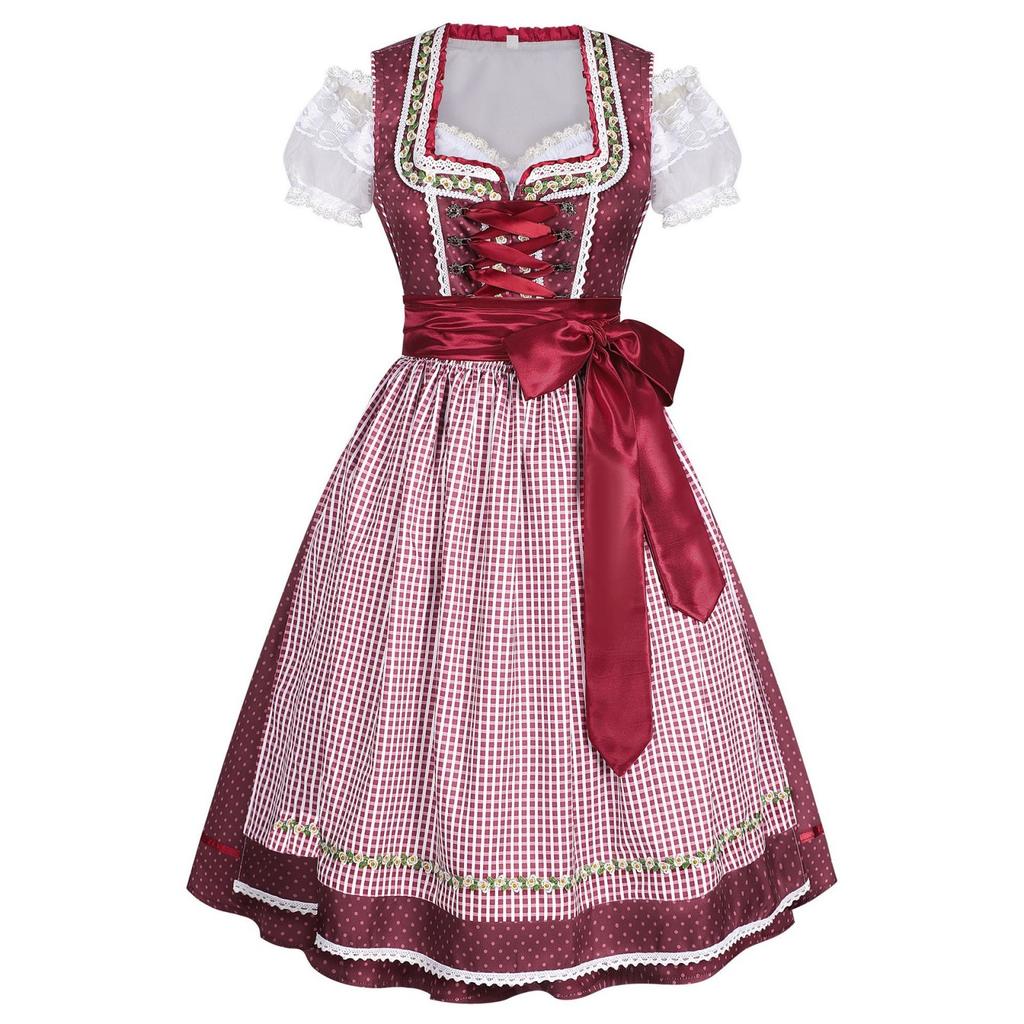 Women Oktoberfest Dress Traditional Bavarian Costume with Lace Up Bodice Short Sleeve Skirt Outfit