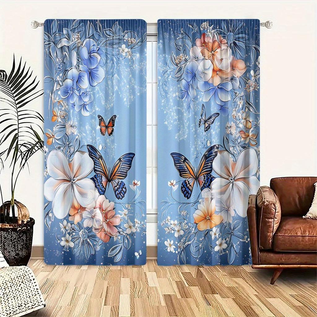 Two Pieces Made of Polyester Material, Featuring High-Definition Digital Floral And Butterfly Patterns, Light-Filtering Curtains