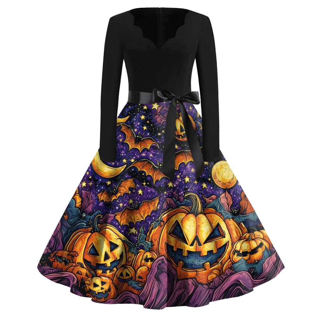 Women’s Casual Halloween Print V Neck Vintage Dress Long Sleeve A Line Midi Dress with Belt for Holiday Party Events