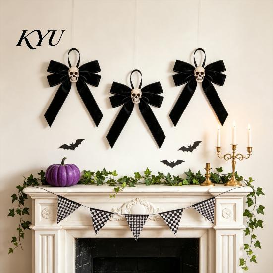 Black Velvet Skull Decor Halloween Bows with Ornaments for Tree Decoration, Gothic Pendant Flannel Bow Hanging Home Holiday Party Retro Distressed