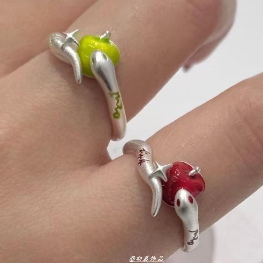 Snake & Apple Open Ring for Women, Vintage Silver Adjustable Enamel Ring, Cute Gothic Jewelry Gift